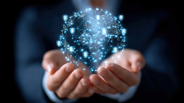 Business hands holding glowing digital globe with cybersecurity shields and network connections expressing protection - Powered by Adobe