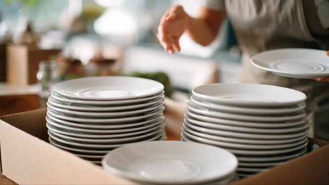 Hands of a woman carefully stacking white plates from a cardboard box, showcasing the delicate handling and organization of dishware, camera zooms in on the action