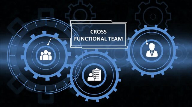 futuristic cross functional team interface with blue gears. digital corporate collaboration strategy concept on virtual screen. modern technology hud showing cross functional team process.