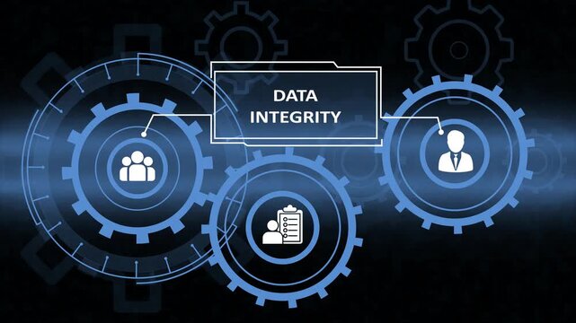 modern technology hud showing data integrity process. blue gear mechanism background for database reliability. data integrity visualization with team and user icons.
