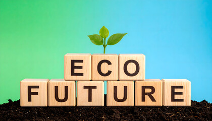 Wooden Blocks Spelling Out Eco Future in a Stacked Cube Arrangement on Soil with a Small Green Plant