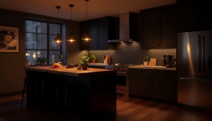 暗い照明のキッチンカウンターと静かな空間
Dimly lit kitchen counter in quiet atmosphere
