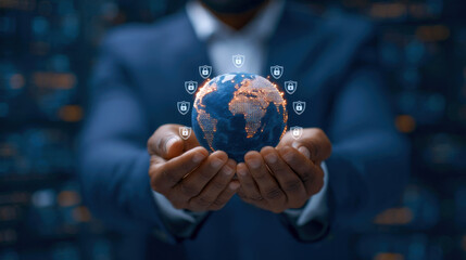 Digital globe held in businessman hands conveying global data security and protection