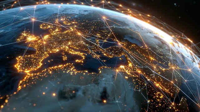 Futuristic view of Earth illuminated by glowing connections and city lights showcasing a vibrant digital network