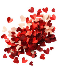 Red and blush heart confetti scattered irregularly, paper cut texture, realistic shadows, isolated on white background. 