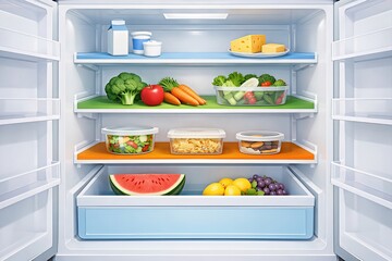 Well organized refrigerator featuring fresh vegetables fruits and dairy products emphasizing healthy eating nutritious lifestyle and culinary creativity