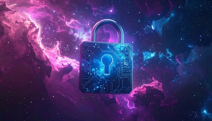 Neon padlock illustration against a vibrant nebula background