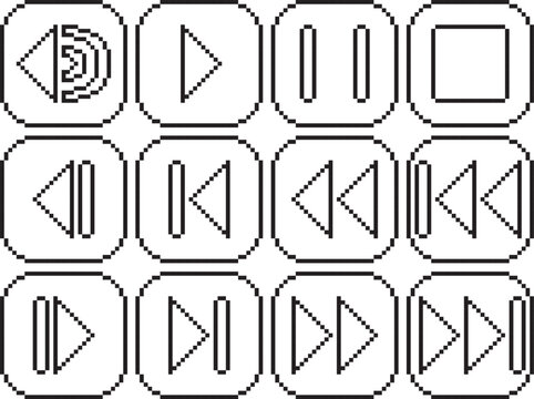 Rewind fast reverse back play stop pause volume forward fast forward next button with border icon black-white vector pixel art
