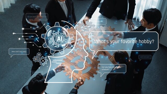 A diverse business team engages in collaboration on an artificial intelligence project, featuring dialogue bubbles and innovative gear elements in a modern office setting. Raster - Powered by Adobe