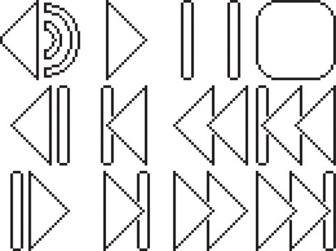 Rewind fast reverse back play stop pause volume forward fast forward next button icon black-white vector pixel art