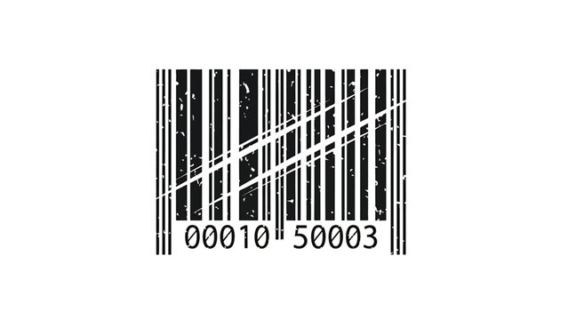 A distressed, black barcode with diagonal lines and numerical code on a clean white background