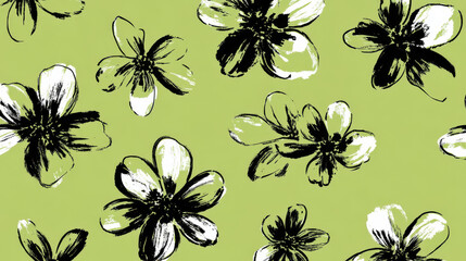 &ldquo;Seamless Hand-Drawn Floral Pattern with Black Brushstrokes on Pastel and Olive Green Backgrounds&rdquo;