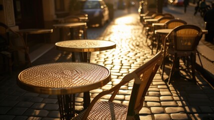 A row of outdoor tables and chairs are empty on a sunny day. The chairs are made of wicker and the tables are made of metal. The scene is peaceful and inviting