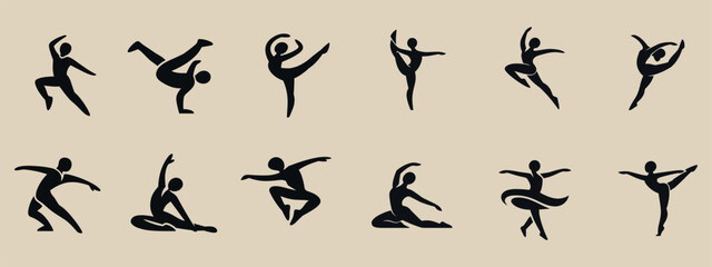 A set of 12 black silhouettes of dancers (classical ballet, lyrical dance, and contemporary dance) rendered in an elegant, minimalist calligraphic style on a beige background.
