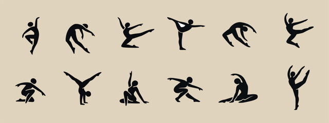 A set of 12 black silhouettes of dancers (or one dancer) rendered in a minimalist calligraphic style with smooth, brush-like lines on a beige background.