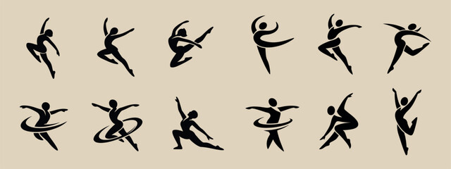 Obraz premium A set of 12 stylish black silhouettes of dancers (abstract, minimalistic outlines with smooth lines) on a beige background, depicted in dynamic, graceful poses.