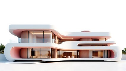 An exquisite modern residence featuring striking pink and white curved architecture and expansive glass.