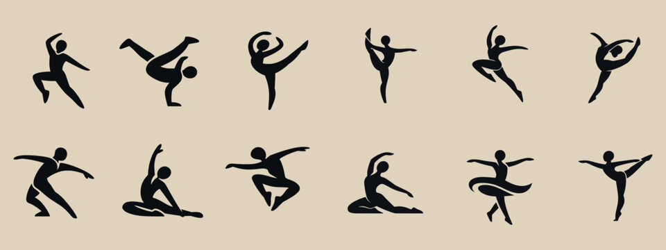 A set of 12 black silhouettes of dancers (classical ballet, lyrical dance, and contemporary dance) rendered in an elegant, minimalist calligraphic style on a beige background.