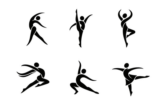 A set of black silhouettes (pictograms) of dancers (ballerinas or modern dancers) on a white background. Each figure is in a dynamic, graceful pose that conveys the movement and plasticity of dance.