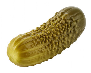 Close-up view of a green pickled cucumber with bumpy texture and ridges isolated on a transparent background