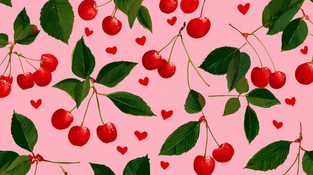 &ldquo;Seamless Cherry Pattern with Green Leaves and Red Hearts on Pink Background &ndash; Vector Illustration&rdquo;