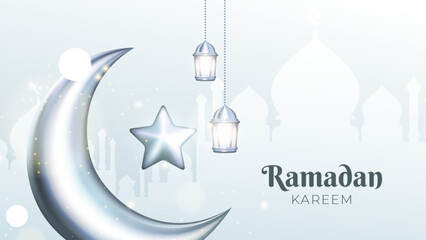 Luxury Ramadan Kareem on a white background. 3D Arabian decorations, crescent moon, and lantern. Traditional Islamic celebration greeting card banner, religious festive poster