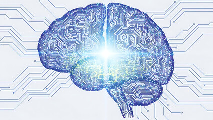 Abstract digital brain composed of complex circuit board tracks and glowing center representing computer science and AI