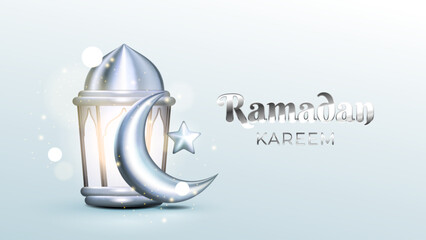 Luxury Ramadan Kareem on a white background. 3D Arabian decorations, crescent moon, and lantern. Traditional Islamic celebration greeting card banner, religious festive poster