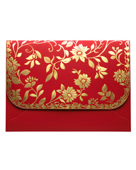 Red envelope with gold floral border, standing upright, isolated, clean white backdrop, subtle shadow isolated on white background 