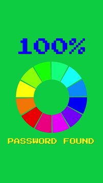 progression with colors and numbers with the percentage from 0 to 100 with the word ENCRYPTING which then becomes PASSWORD FOUND with a green chroma key background