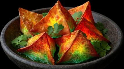 Samosas with Glowing Geometric Patterns on Dark Plate food indian food Photo