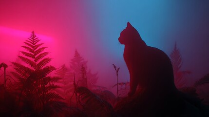 Silhouette of Cat and Ferns in Neon Pink and Blue Foggy Environment Photo black cat animal