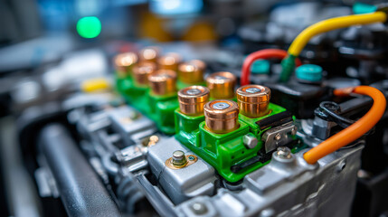 Detailed close-up of connections and modules in electric vehicle battery pack, internal components, power system, automotive engineering detail, with copy space