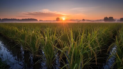 Golden Sunrise over Misty Rice Fields