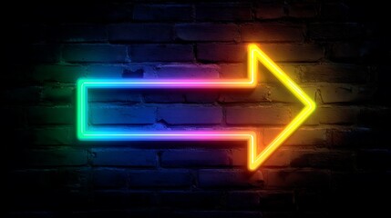 Single Rainbow Neon Arrow on Dark Brick Wall sign light Photo