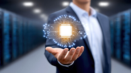 Man holding microchip microchip hand businessman server room data center circuit technology chip computing artificial
