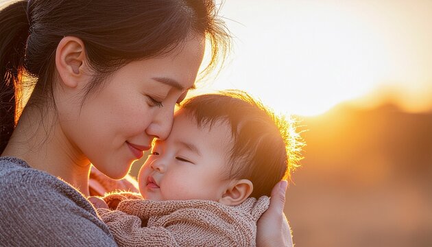 いとおしそうに赤ちゃんを抱っこする母親、コピースペース  
Mother Holding Her Baby with Tender Affection, Copy Space
