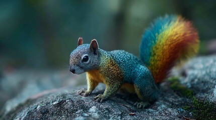 Squirrel with Rainbow Tail on a Rock in a Forest colorful animal Photo