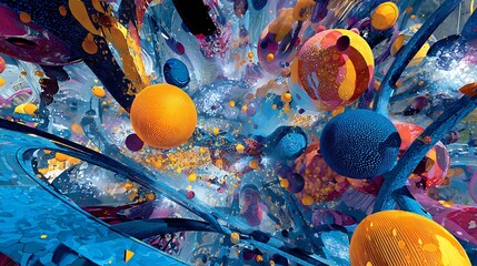 Surreal abstract explosion of colorful spheres and organic forms image photo