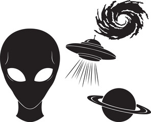 Black and White of Alien Head, U F O, Galaxy, and Saturn also transparent background spaceship © mHs