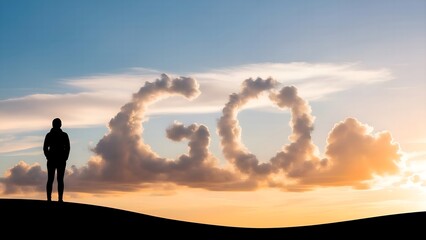 Silhouette of a person looking at the clouds with the word "Go" in the clear sky.
