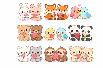 Obraz premium Romantic animal icon collection of bunnies, foxes, birds, and bears holding flowers or hearts, soft palette, subtle highlights and shadows