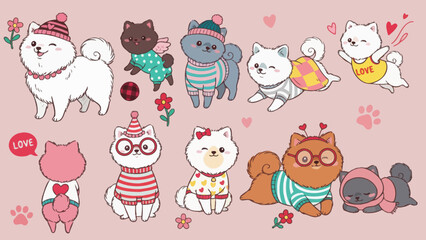 An endearing collection of charming cartoon dogs dressed in a variety of delightful outfits, perfect for heartwarming pet-themed designs and sweet animal illustrations