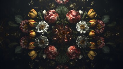 Symmetrical Floral Arrangement with Tulips and Chrysanthemums Dark Photo Background flowers