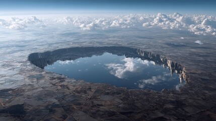 Stunning Aerial View of a Vast Crater Lake Reflecting Cloudy Skies.
