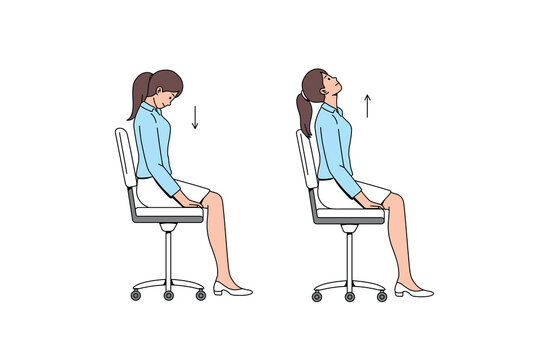 Neck mobility and chin tuck exercises. Employee doing office exercises chair. Flat vector illustration. 
