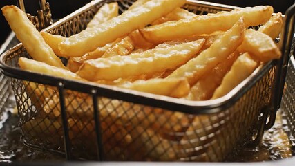 Golden crispy french fries are meticulously deepfried in bubbling hot oil within a metal basket showcasing the classic cooking process for this popular fastfood snack emphasizing the delicious textur.