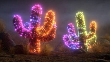 Two Saguaro Cacti Decorated with Colorful LED Lights in a Desert Landscape stock Photo