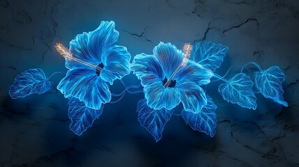 Two Glowing Blue Hibiscus Flowers with Neon Outline on Textured Wall image photo