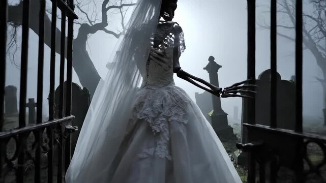 An eerie skeleton bride in a white wedding dress is captured in a cinematic 3d render, standing near a dark gate in a foggy graveyard setting.